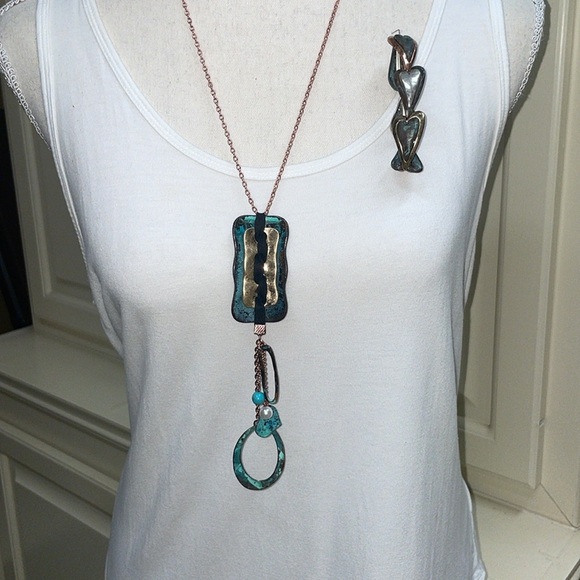Artisan Patina Copper & Turquoise Bracelet & Necklace Set Mixed Metal Leather - Picture 2 of 12